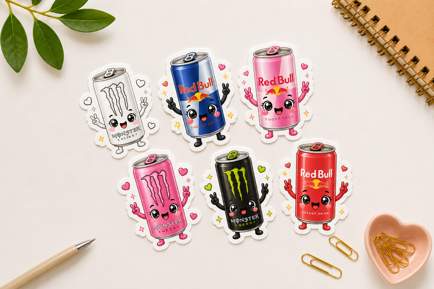 Kawaii Energy-Drinks-Aufkleber-Set (6 Stück)
