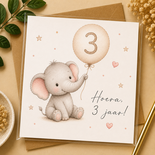 Hoera, 3 Jaar! Verjaardagskaart